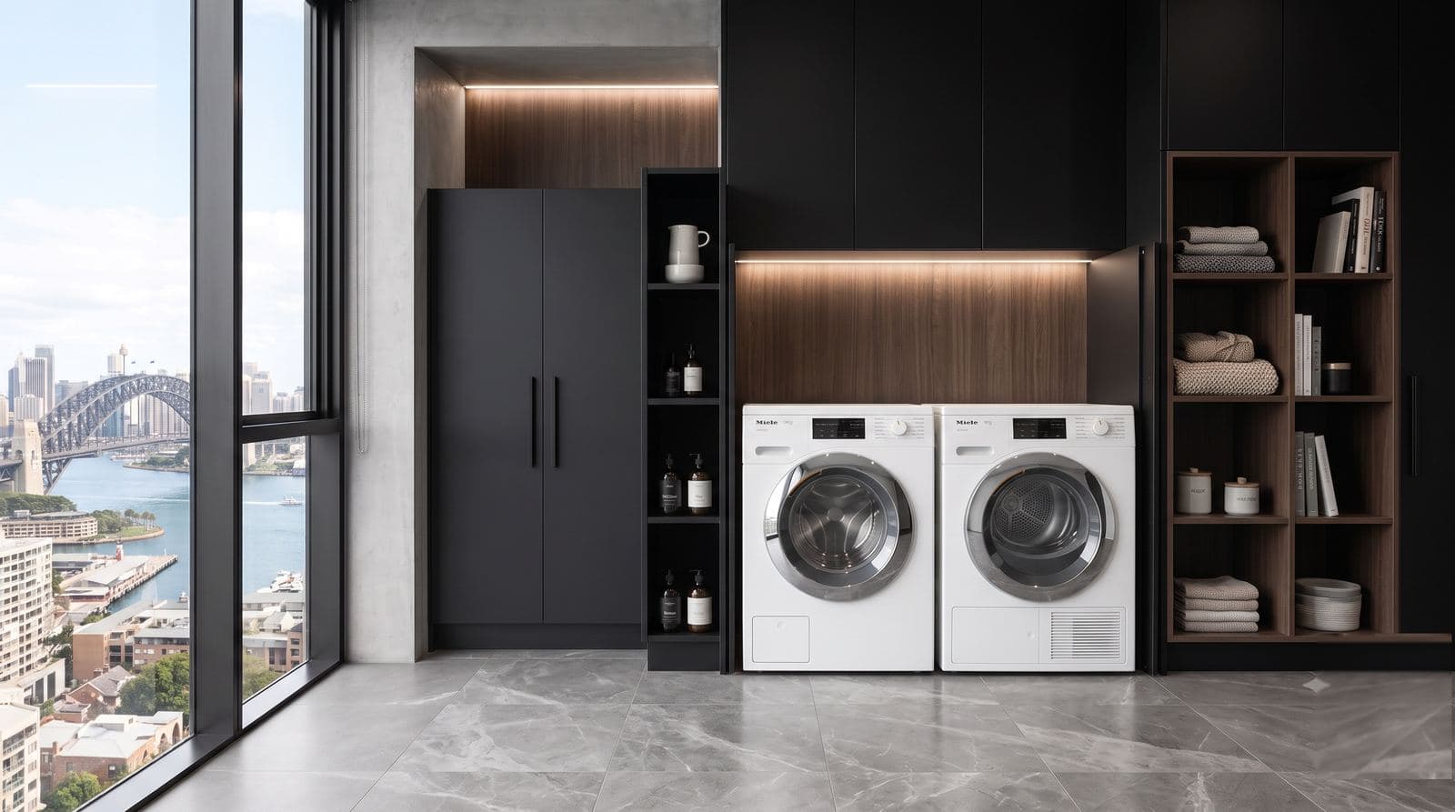 A washing machine and dryer installed side by side in a modern laundry
